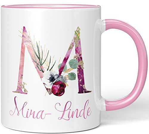 JUNIWORDS Tasse, Mira-Linde, Name Anfangsbuchstabe Initial Alphabet Floral Buchstabe M Monogramm Motiv, Rosa (5528921)