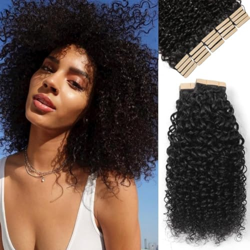 YDDM 12 Zoll Tape Extensions Echthaar 40 Stück 60g Schwarz Kinky Curly Tape In HaarverläNgerung Echthaar Schwarze Frauen Tapes Unsichtbare Extensions Echthaar Tape Extensions Echthaar