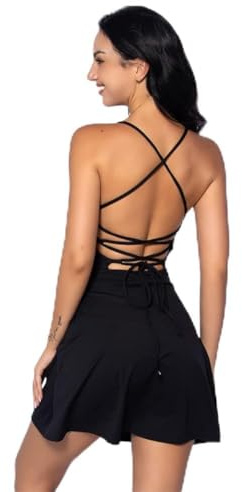 IDOPIP Tenniskleid für Damen mit integriertem BH und Shorts mit Taschen Sexy Schnürung Rückenfreies Golf Athletic Sportkleider