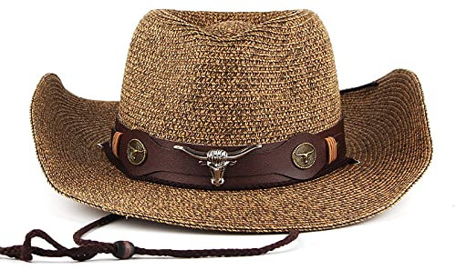 FakeFace Chapeau Cowboy Western Chapeau de Paille Adulte Unisexe Chapeau de Soleil Pliable Anti-UV Chapeau de Soleil Coupe Vent Large Bord pour Femme Homme en Plein Air Plage
