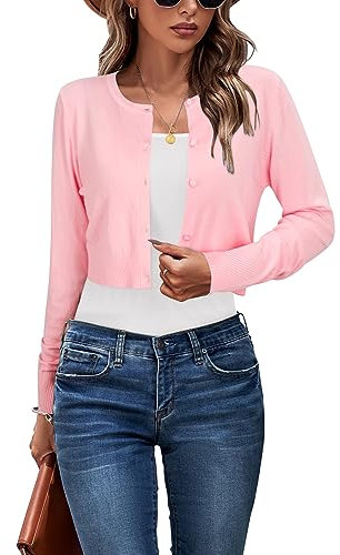 Newshows Cárdigan para Mujer Manga Larga Bolero Punto Shrug de Verano Corta con Botones(Rosa,L)