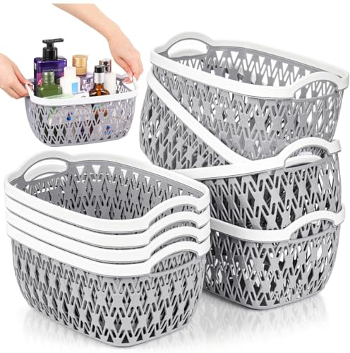 Noamus 8 Pack Plastic Baskets for Organizing, Portable Small Pantry Organizer, Stackable Household Storage Bin for Laundry Room Bathroom Bedroom Kitchen Cabinet Countertop Shelf, Gray, 10.5x7.5x5.5