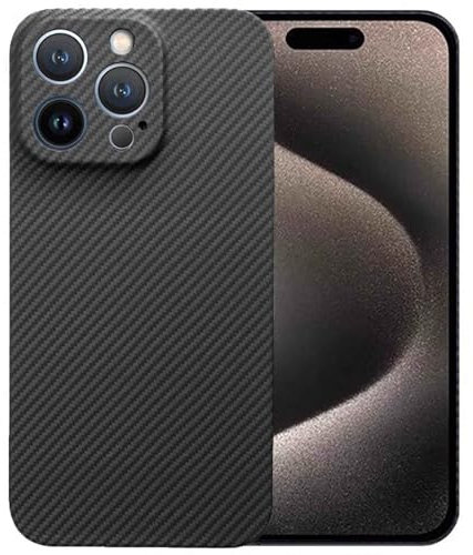 Sisyphy Aramid Hülle für iPhone 15 Pro Max mit Karbon-Optik (Schwarz 600D), Super Schlank Weich Aber Robust, Snap-on Rückseite Wireless-Ladefreundlich