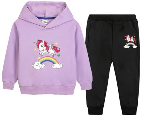 Aislor 2 PCS Set Completo Sportivo Bambina Felpa con Cappuccio Top Maglietta con Stampa Cavallo e Jogging Pantaloni della Tuta Lunghi Tuta Trapstar Viola 3-4 anni