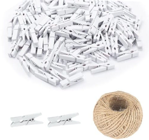 100 mini mollette in legno naturale da 25 mm, mollette per foto fai da te, matrimoni, feste, mollette in legno con spago di iuta da 25 m (bianco)