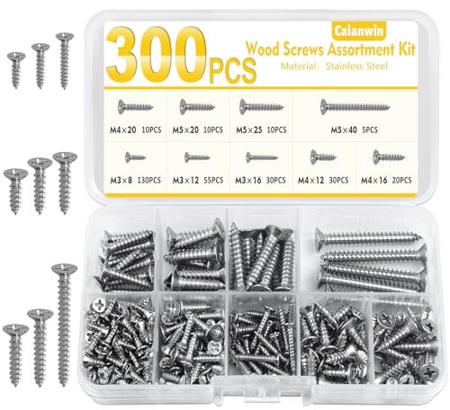 Caianwin 300 viti autofilettanti in acciaio inox, 9 misure, M3, M4, M5, con testa svasata, viti autofilettanti