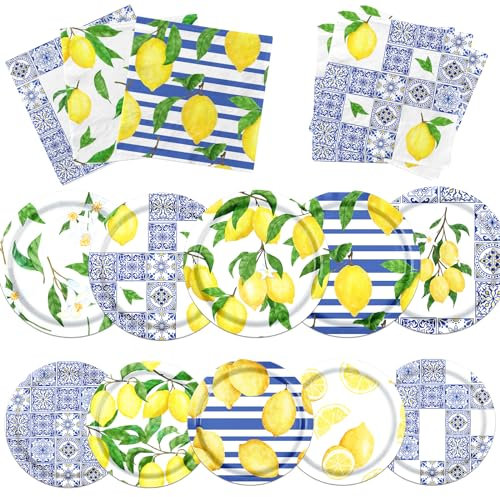 Guzbewu Capri Lemon Party Decorations,Lemon Plates and Napkins Supplies Lemon Decorations Party Blue Tiles Tableware for Summer Fruit Lemon Birthday Party Decorations