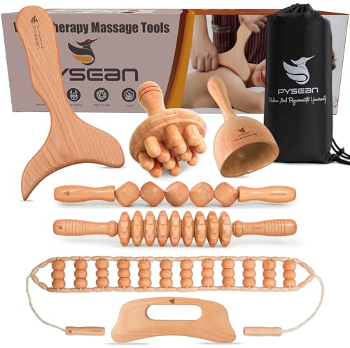 PYSEAN 7-Piece Wooden Massage Tool Kit, Manual Body Massager Set for Home | Natural solid wood with flat, curved and rolling designs, plus an instruction manual for easy home use.