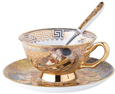 ZFQ Ensemble de tasse et soucoupes en porcelaine anglaise avec cuillères, 250ml, tasses à café, pour Le thé, Le café, Le Petit-déjeuner et la Cuisine (Doré)