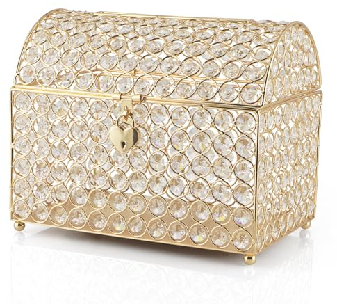 BIMUYI Große Hochzeitskartenbox, Schatztruhe Hochzeit Geldhalter mit herzförmigem Schloss, Kristallperlen-Karten-Empfangsbox für Empfang, Jubiläum, Geburtstagsfeier