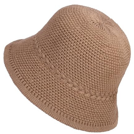 JJDreams Bucket Hut für Damen Herren,Gestrickte Hüte,Häkeln Eimer Hut Fisch Hut,Frühling Floral Mützen,Kappe Strand Reise im Freien,Kamelhaar