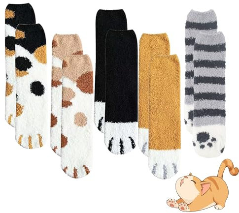 AWAVM Lot de 5 paires de chaussettes moelleuses à motif patte de chat, chaussettes d'hiver chaudes et moelleuses, chaussettes moelleuses et mignonnes pour femme, chaussettes de lit confortables et