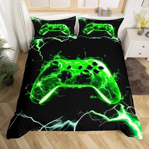 Loussiesd Gamepad Bettwäsche Set 155x220cm Videospiele Bettbezug für Teenager Jungen Zimmer Dekoration Betten Rot 3D Druck Blitz Bettwäsche-Set Grün Gamer Bettwäsche schwarz