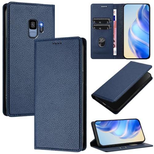 DENDICO Handyhülle für Samsung Galaxy S9 Hülle, PU Leder Klapphülle mit RFID-Blockierung, Stoßfeste Magnetische Schutzhülle für Samsung S9, Dunkelblau