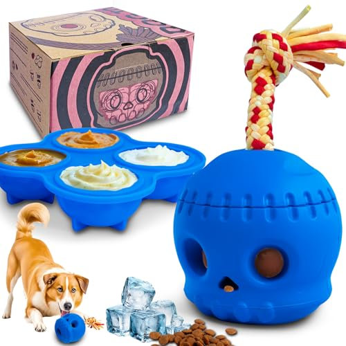 haheita Indestructible Chew Toy for Dogs - Interactive Frozen Treat Toy for Medium & Large Breeds, Skull Treat Dispensing Ball with Rope, Easy-Clean Mental Stimulation Dog Toy (Blue)