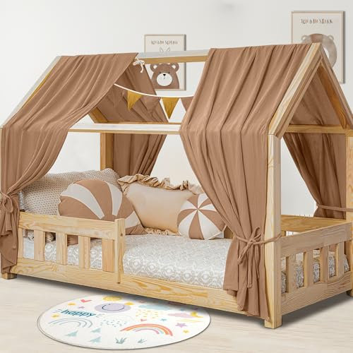 Hausbett Himmel Deko Set, Betthimmel Hausbett aus Musselin - 2 Betthimmel & 1 Wimpelkette, für Jungen Mädchen Deko für Kinderzimmer, Baldachin Kinderzimmer Deko I 135 x 320cm Dunkelbeige