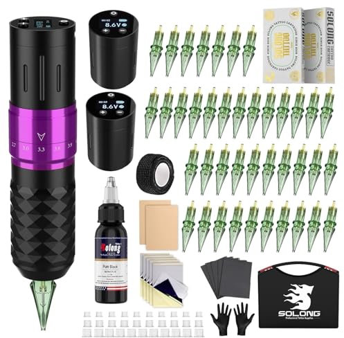 Tattoo Gun Solong 2 Batteries 7 Strokes Wireless Tattoo Kit Digital LED Display Tattoo Pen 40PCS Tatoo Needles SL-TK0001UK-4