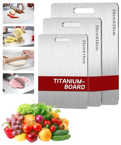 3 Stücke Titan Schneidebrett, S316 Schneidebrett Edelstahl, BPA-freies Doppelseitiges Lebensmittel Titanium Cutting Board, ideal für Fleisch, Brot, Gemüse & Obst