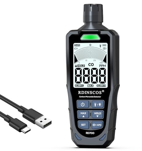 RDINSCOS Tragbarer Kohlenmonoxidmelder Wiederaufladbarer CO-Melder mit Akustischen & Optischen Alarmen, CO-Detektor für 0-1000PPM,Professionelle Sensor CO-Alarm für für Haus, Auto, Camping & Reisen