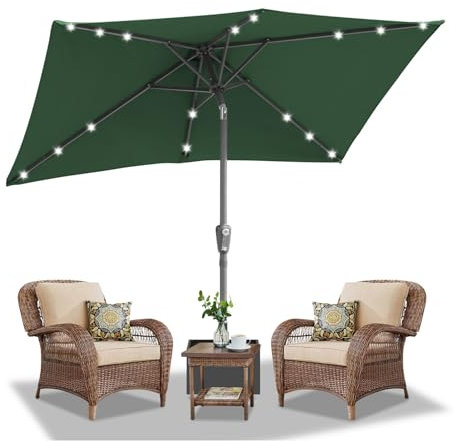 Daromigo Ombrellone rettangolare 210 x 140 / 300 x 200 cm con manovella, parasole UV50+, pieghevole a 30°, impermeabile, per giardino, senza supporto, Verde con LED, 210 x 140cm