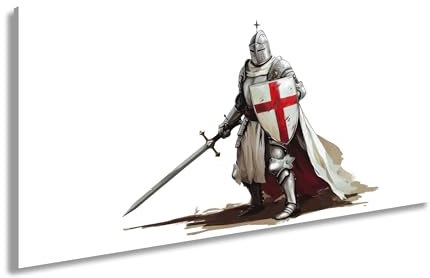 Leinwandbild Krieger in Stahl, das Kreuz auf Schild und Schwert bereit. Panorama 60x30cm XXL Kunstdruck Bild auf Keilrahmen/Wandbild/Wohnzimmer Dekoration