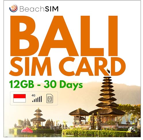 BeachSIM Carte SIM Bali. 12 GB Daten bei 4G/5G-Geschwindigkeiten. Nur Prepaid-Daten SIM-Karte. Schnelle Aktivierung. Einfaches Aufladen. Funktioniert in ganz Indonesien. Gültig für 30 Tage.