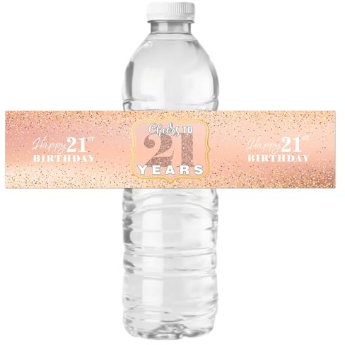 Happy 21st Birthday Bottle Labels Stickers Cheers to 21 Years Party Wine Bottle Wrappers 21 Birthday Anniversary Famliy Party Lables Favor Decoration Supplies Waterproof Rose Gold 32 Stickers