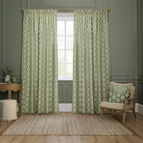 Sanderson Sessile Leaf Room Darkening Pencil Pleat Curtain Pair – Lined Botanical Oak Leaf Drapes (Sage - 168x229cm)
