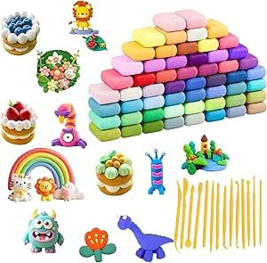 PMELCXD Pâte à Modeler autodurcissante 56 Couleurs – kit créatif Enfant et Adulte avec 14 Outils – Argile légère pour Figurines, Fleurs, décorations et Cadeaux DIY
