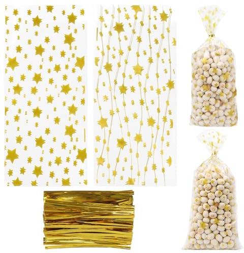 100 Stück Cellophantüten 13x27cm, Durchsichtige Kekstüten mit Sternprint | und 100 Krawatten, Candy Bar Tüten, Süßigkeiten Geschenktüten, Cellophantüten mit Boden, Geschenktüten Weihnachten