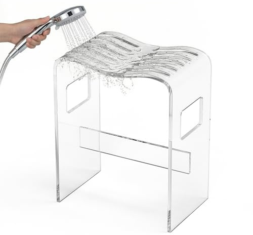 petour Sgabello Doccia Acrilico Sgabello Bagno Capacità di Carico 150KG Arredo Bagno Antiscivolo Sedia per Doccia Sedia Trasparente Adatto per Box Doccia, Soggiorni, Camere da Letto (35×22×43cm)