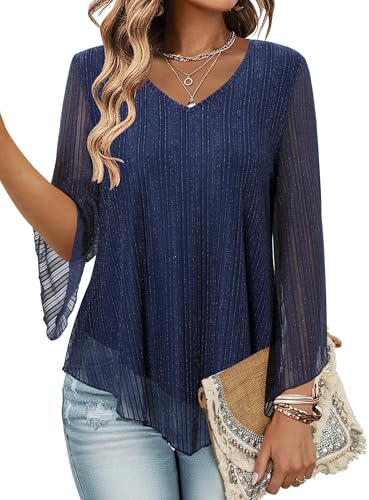 KISSMODA Womens V Neck Dressy Blouses Double Layers Mesh Shirts Ruffle 3/4 Flared Sleeve Tunic Tops