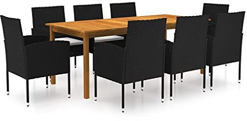 Tonture 9-TLG. Garten-Essgruppe Schwarz, Akazienholz Esstisch & Rattan Stühle, Cremeweiße Kissen, Robustes Outdoor Möbel Set für Terrasse, Balkon, Garten, 8 Personen