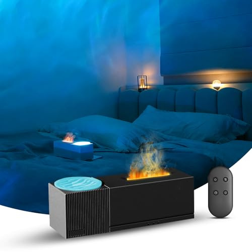 Flammen Aroma Diffuser Projektor mit Wasserwellen Hologramm Projektion - Romantische Polarlicht - 150ml Luftbefeuchter mit Fernbedienung, 7-Farben LED, 1/3/5H Timer für Schlafzimmer Wohnzimmer Schwarz