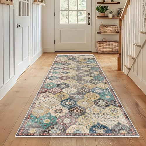 WTHYGB Teppich Läufer Flur, Küchenläufer 60x180cm rutschfest Waschbar | Bettvorleger für Waschküche, Vorzimmer, Schlafzimmer Küche und Wohnzimmer, Carpet Blumen Boho