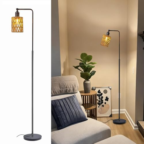 YIKEGE LICHT 65 Hoch Boho Rattan Stehlampe Vintage Tischlampe Deckenfluter Standleuchte Standlampe Standing Lamp Stehleuchte Wohnzimmerlampe Floor Lamps für Wohnzimmer Schlafzimmer Büro, Fußschalter