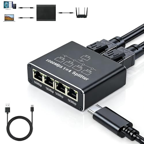 Divisor LAN 1 a 4, 1000 Mbps de red Ethernet, 4 puertos, aluminio Gigabit Switch RJ45 con cable de alimentación tipo C para ordenadores, conmutadores, hub, router, ADSL, Set-Top Box, TV digital, etc