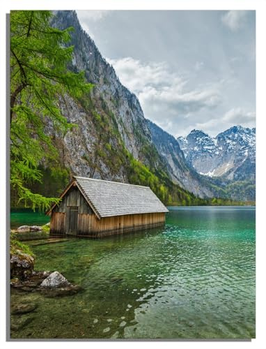 Wallario Sticker/Aufkleber für Kühlschrank/Geschirrspüler/Küchenschränke, Selbstklebende Folie - 60 x 80 cm, Motiv: Berghütte an See
