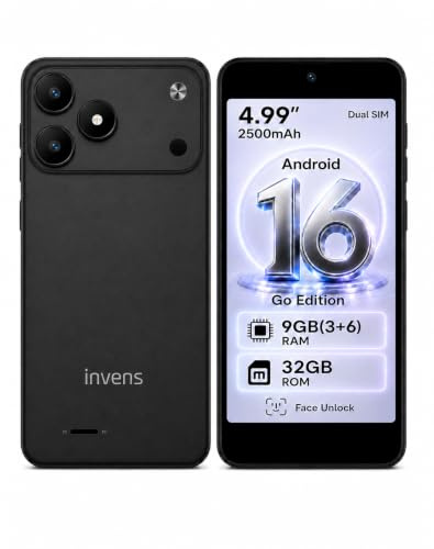 invens TK02 Mobile Phones SIM Free Unlocked, 9GB+32GB/256GB Android 16 Go, 5.0 Mini 4G Small Smart Phone, 2500mAh Removable Battery WiFi Calling GPS Face ID, Black
