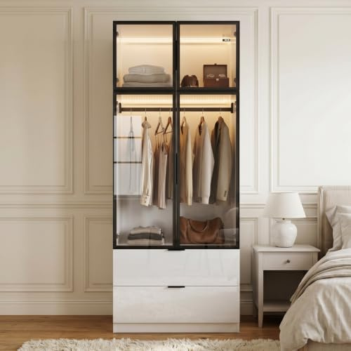 DEZAGCE High Gloss White Wardrobe with LED Lights, Grey Glass Doors and 2 Drawers, Tall 220 cm Bedroom Wardrobe, 90W x 40D cm Shallow Storage Cabinet