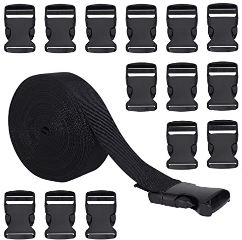 RETON 32MM 10 Yards Schwarz Nylon Gurtband + 15 Stück Verstellbare Schnallen Kunststoff Seitenschnallen, Gurtband mit Schnalle für die Reparatur von Rucksack Gepäck Gurt. (32MM+15 Stück)