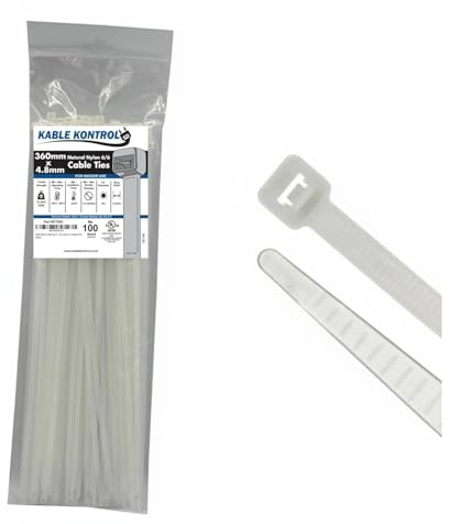 Kable Kontrol Natural White Cable Ties, 360 mm x 4.8 mm, Pack of 100, 14 Premium Nylon Zip Ties, Multi-Purpose Plastic Tie Wraps, Secure Self-Locking Mechanism, for Home, Garden, Office and DIY