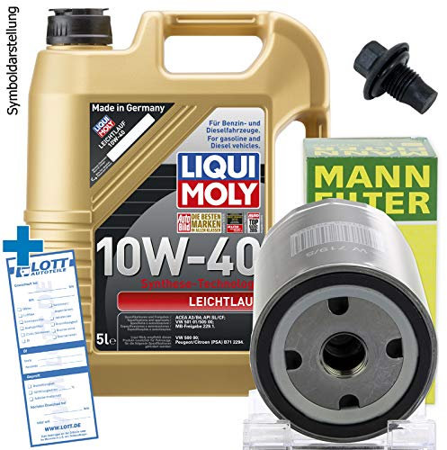 Ölwechsel Set Inspektion 5L 10W-40 Öl Motoröl Liqui Moly Leichtlauf + MANN Ölfilter + Öl Ablassschraube Verschlussschraube