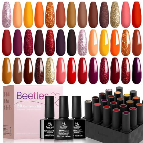 Beetles Gel Nail Polish - 20 Pcs Gel Polish with Glossy Matte Top Base Coat, Full Maroon Gold Yellow Red Orange Glitter Soak Off UV Gel Nail Varnish Manicure DIY Nails Art Gift