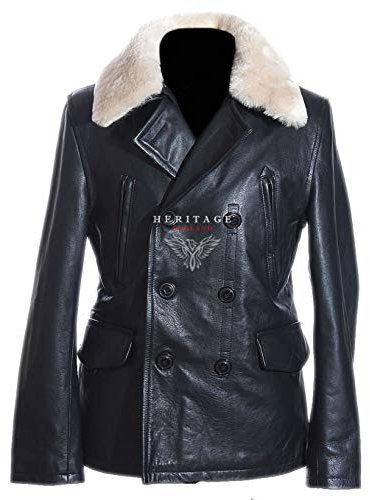 German Air Force Black Men's Detachable Fur Collar WW2 Military Real Cowhide Leather Jacket Winter Pea Coat (SIZES: XS TO 5XL Available)