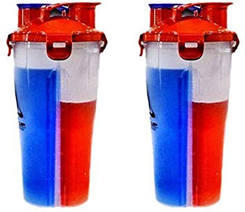 PACK OF 2- X-SHAKE THE DUAL PROTEIN SHAKER- PERFECT FOR PRE-POST AND DURING WORKOUT SUPPLEMENTS- LEAK PROOF LID- BPA FREE-2X 350ML COMPARTMENTS 700ML BOTTLE