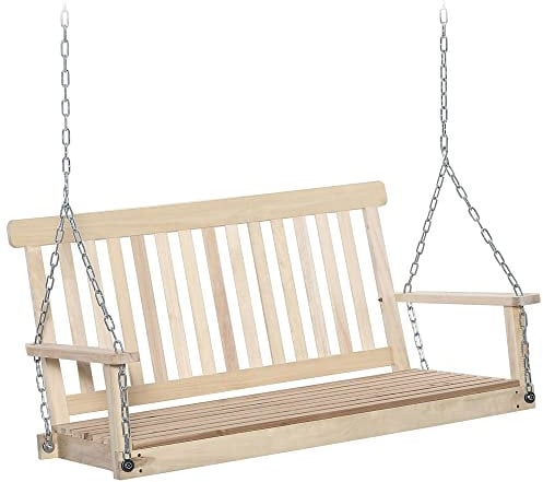 Outsunny Outdoor Wooden Swing Bench 2-Seater Porch Swing Chair Hanging Hammock Garden Furniture, Natural