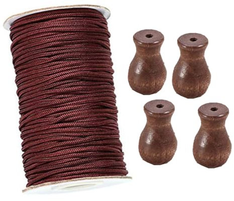 Un juego de cuerdas de persianas marrones para ventana, borlas de madera para ventana, 1,8 mm, cuerda trenzada blanca de 50 m con 4 colgantes de madera blanca para manualidades de ventana de aluminio