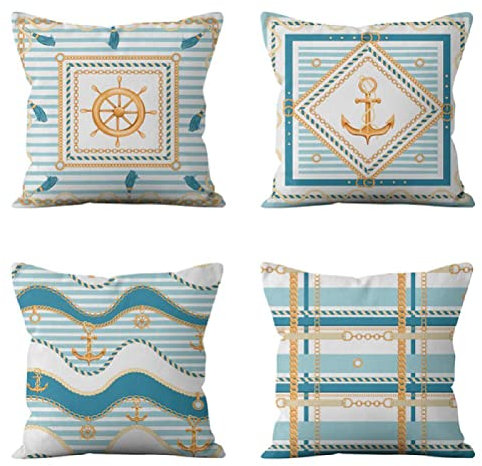 4er Set Dekorativ Kissenbezug Kissenhülle Nautische Wellen Leinen Atmungsaktiv Kissenhülle Auto Sofa Dekokissen Sofakissen Bezug Auto Home Bed Büro Cafe Garten Dekor kissenbezüge 29x29inch/75x75cm