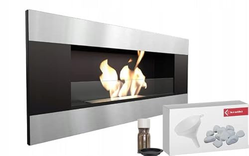 KRATKI Delta 2 Bio-Ethanol-Kamin + Kieselsteine + Trichter + Aromatherapie-Set | Wand- oder Nischeneinbau l Verglasung, Biocontainer 0,5 l, TÜV | Stahl, 40 x 90 cm, Schwarz